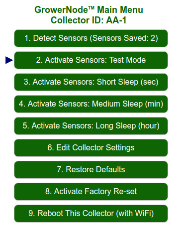 Main Menu: the Collector can test soil sensors within range that are on the saved list