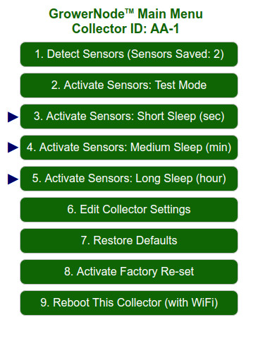 Main Menu: the sensor sleep functions are the actual operating modes