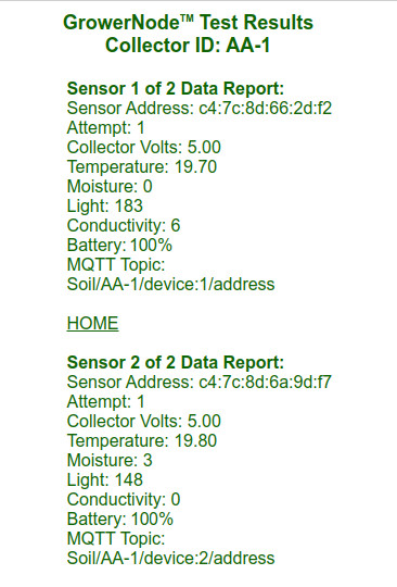 successful soil sensor test results screen