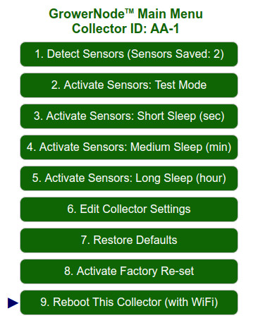 Main Menu: the Collector unit can be quickly rebooted