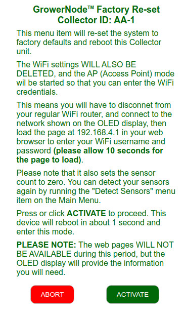 information screen about restoring the Collector factory defaults (wifi will be lost)