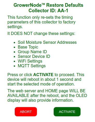 information screen about restoring the Collector default timing